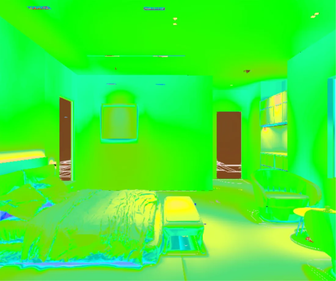 Primary suite, the same view as a false colour illuminance study