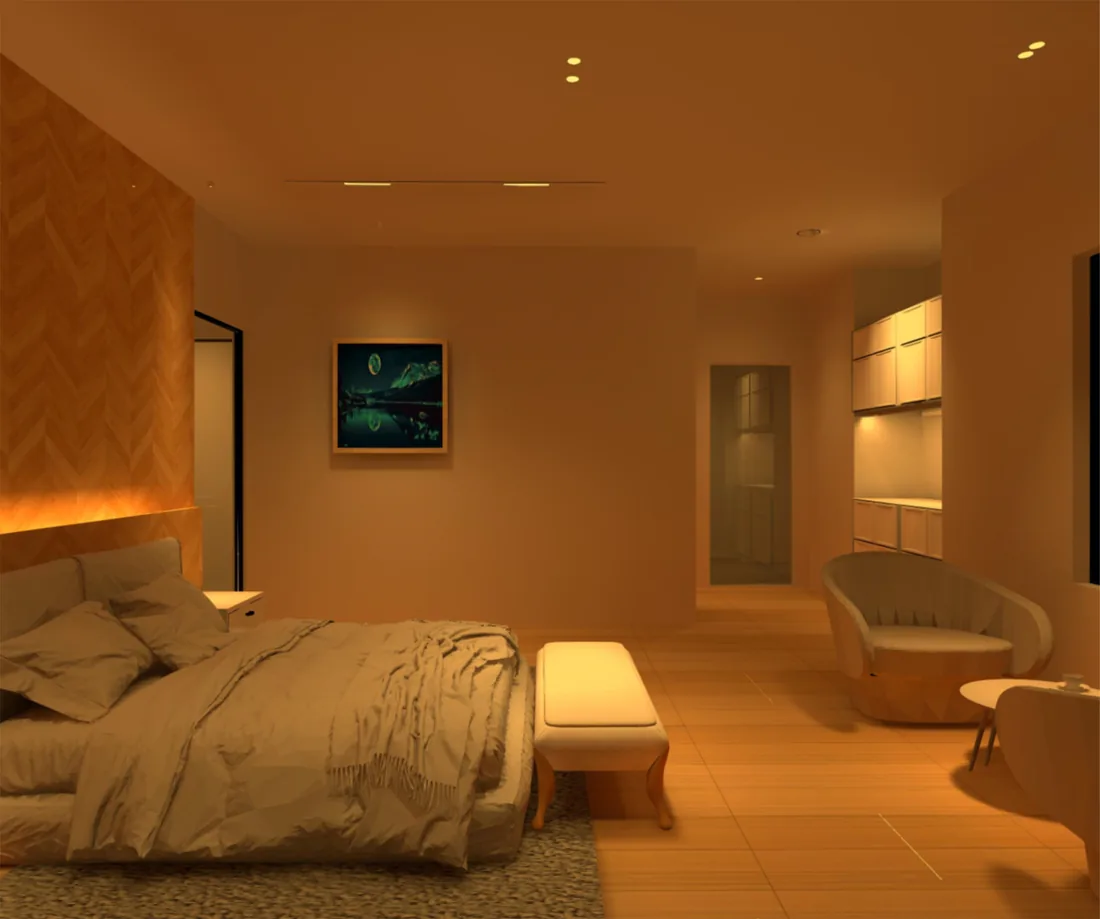 Primary suite, rendered as the lighting will look