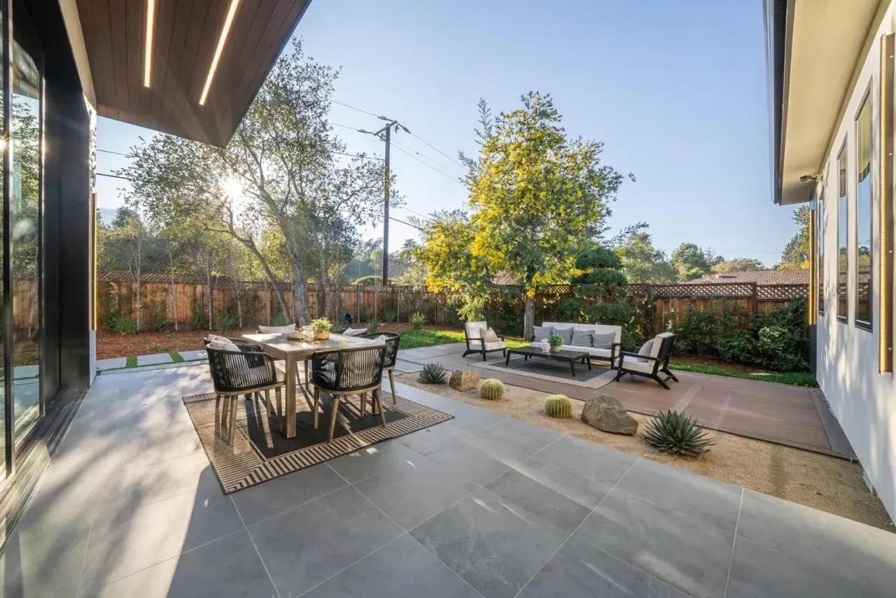 Terrace and outdoor dining in late sun