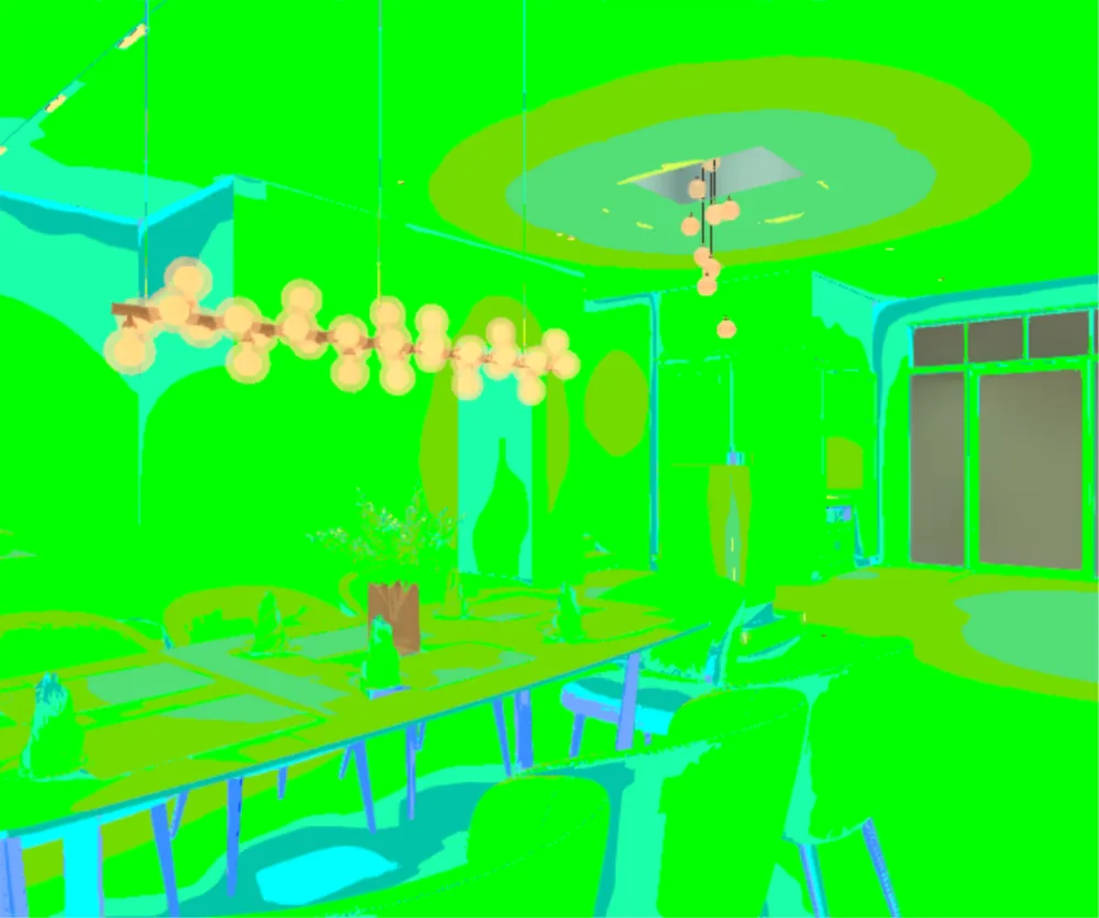 Dining, the same view as a false colour illuminance study