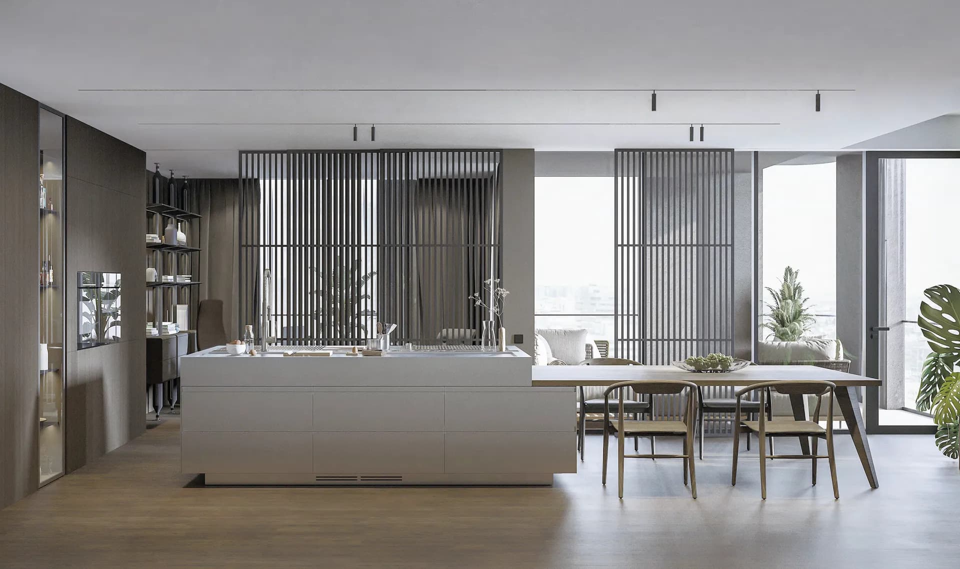 Bright apartment kitchen and dining room under recessed linear ceiling light