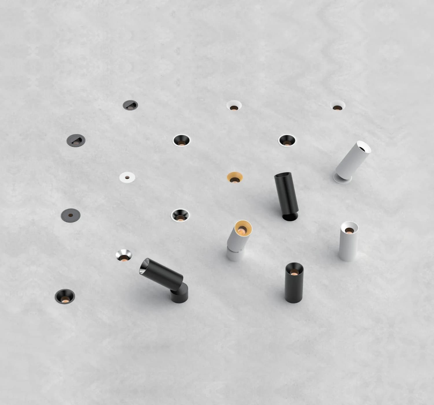Fixed, adjustable, gimbal and trimless downlights grouped on one ceiling plane