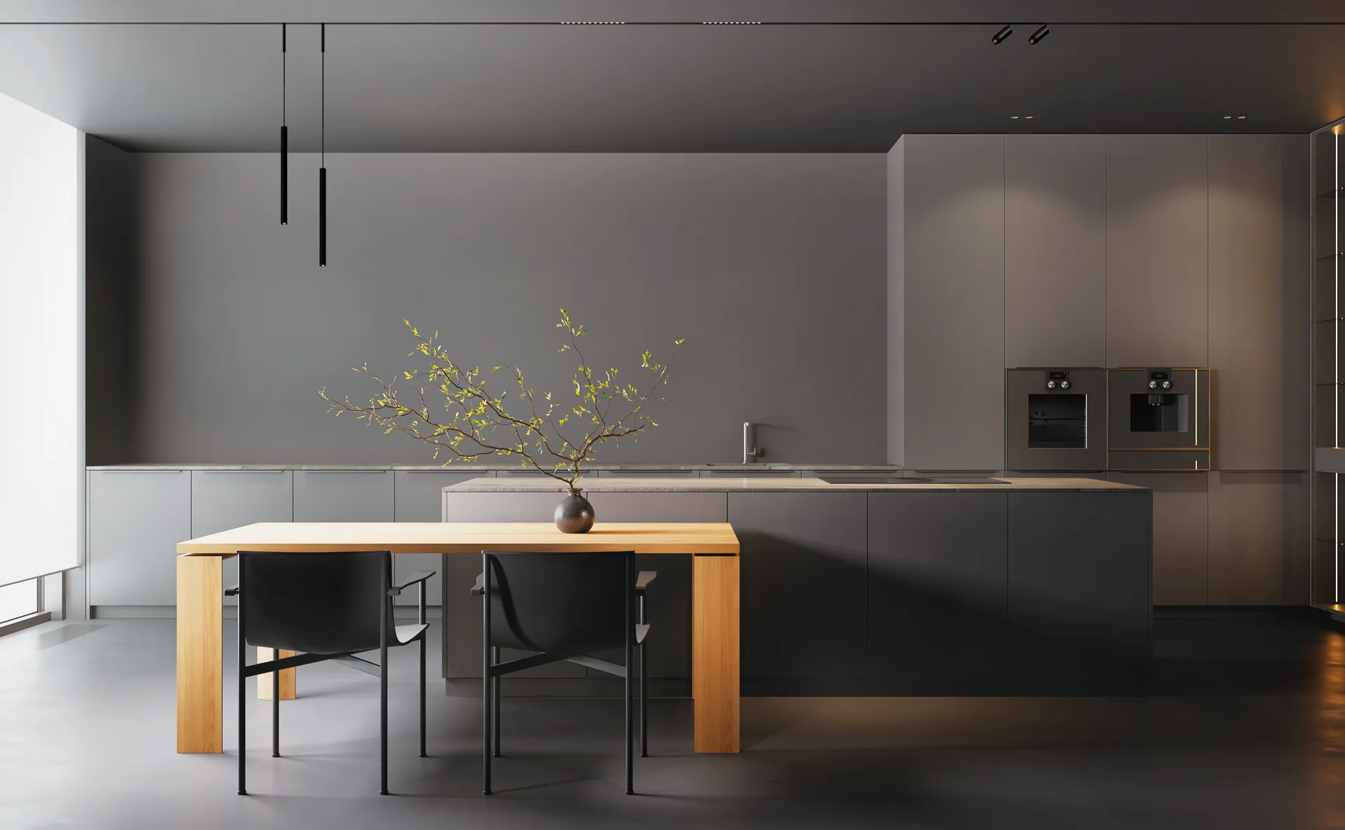 Minimal gray kitchen under slim black pendant tubes and trimless ceiling spots